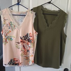 2 Elegant Floral and Olive Lace Trim Blouses